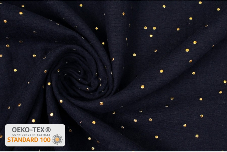 TISSU COTON DOUBLE GAZE GAUFRÉE POIS DORÉS NUIT TISSU COTON DOUBLE GAZE GAUFRÉE POIS DORÉS NUIT