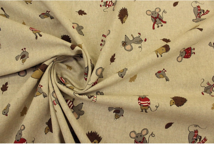 TISSU SOURIS HÉRISSONS OISEAUX FOND LIN TISSU SOURIS HÉRISSONS OISEAUX FOND LIN