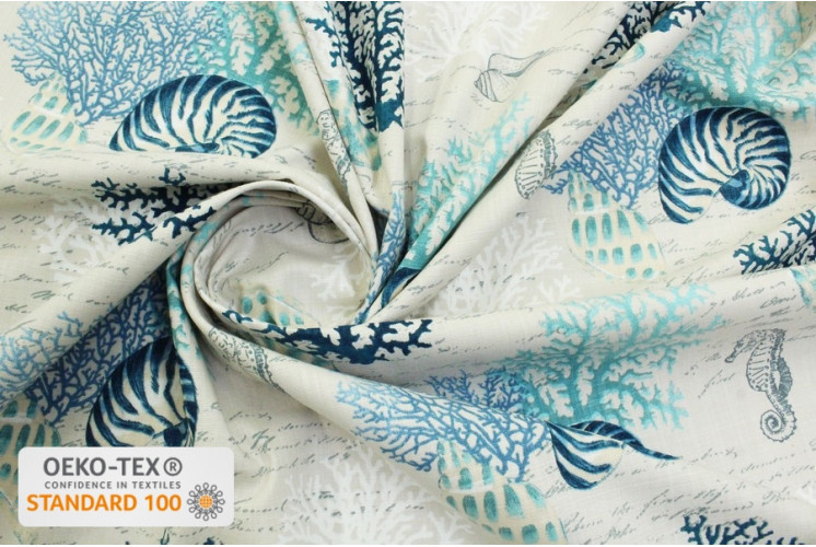 TISSU COTON MER HIPPOCAMPES CORAUX ÉCRITURES BLEU TISSU COTON MER HIPPOCAMPES CORAUX ÉCRITURES BLEU