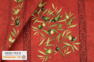 TISSU PROVENCAL BRANCHES OLIVIERS RAYURES ROUGE