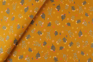 TISSU COTON FLOWERS BRANCHES CURRY