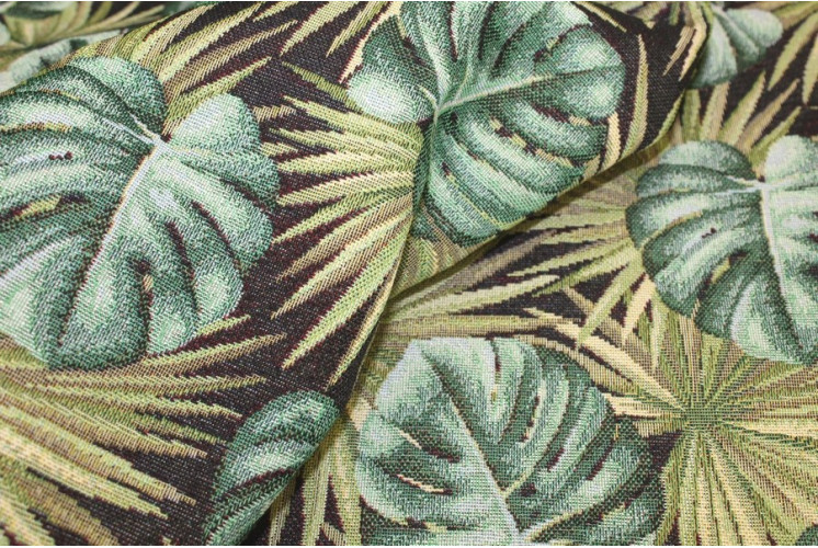TISSU JACQUARD FEUILLAGE FOND NOIR TISSU JACQUARD FEUILLAGE FOND NOIR