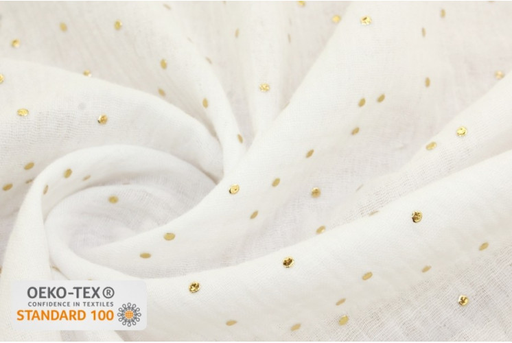 TISSU COTON DOUBLE GAZE GAUFRÉE POIS DORÉS BLANC TISSU COTON DOUBLE GAZE GAUFRÉE POIS DORÉS BLANC